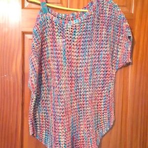 WOMENS KNOTTED MULTI COLOR OFF SHOULDER SWEATER